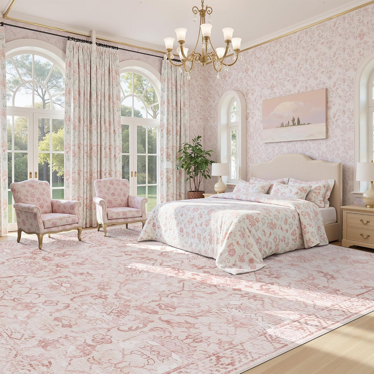 Pink Extra Large Area Rug 10x14 for Living Room, Distressed Washable Rug for Dining Room Bedroom