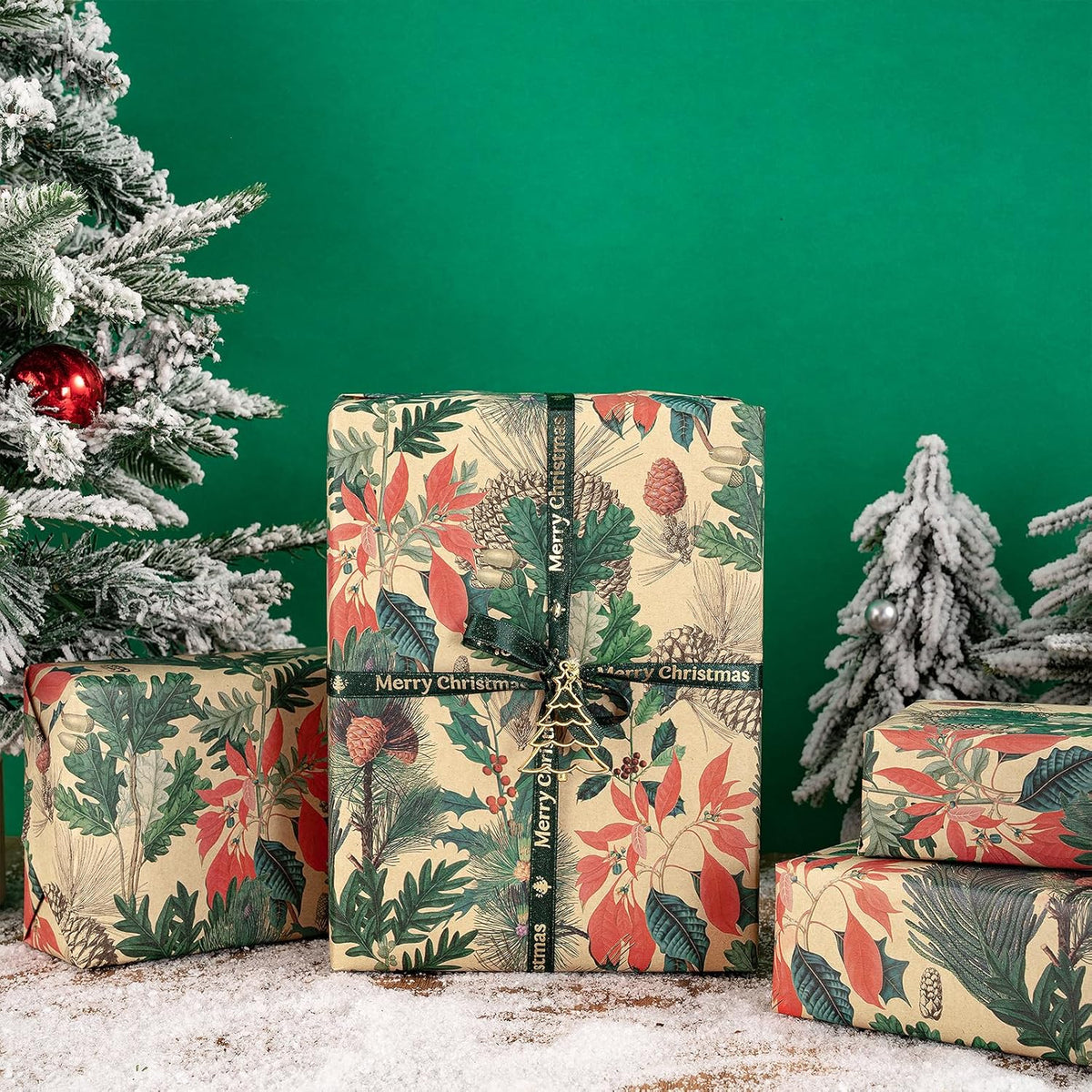 RUSPEPA Kraft Christmas Wrapping Paper Roll, Mini Roll, Watercolor Winter Botanical Design with