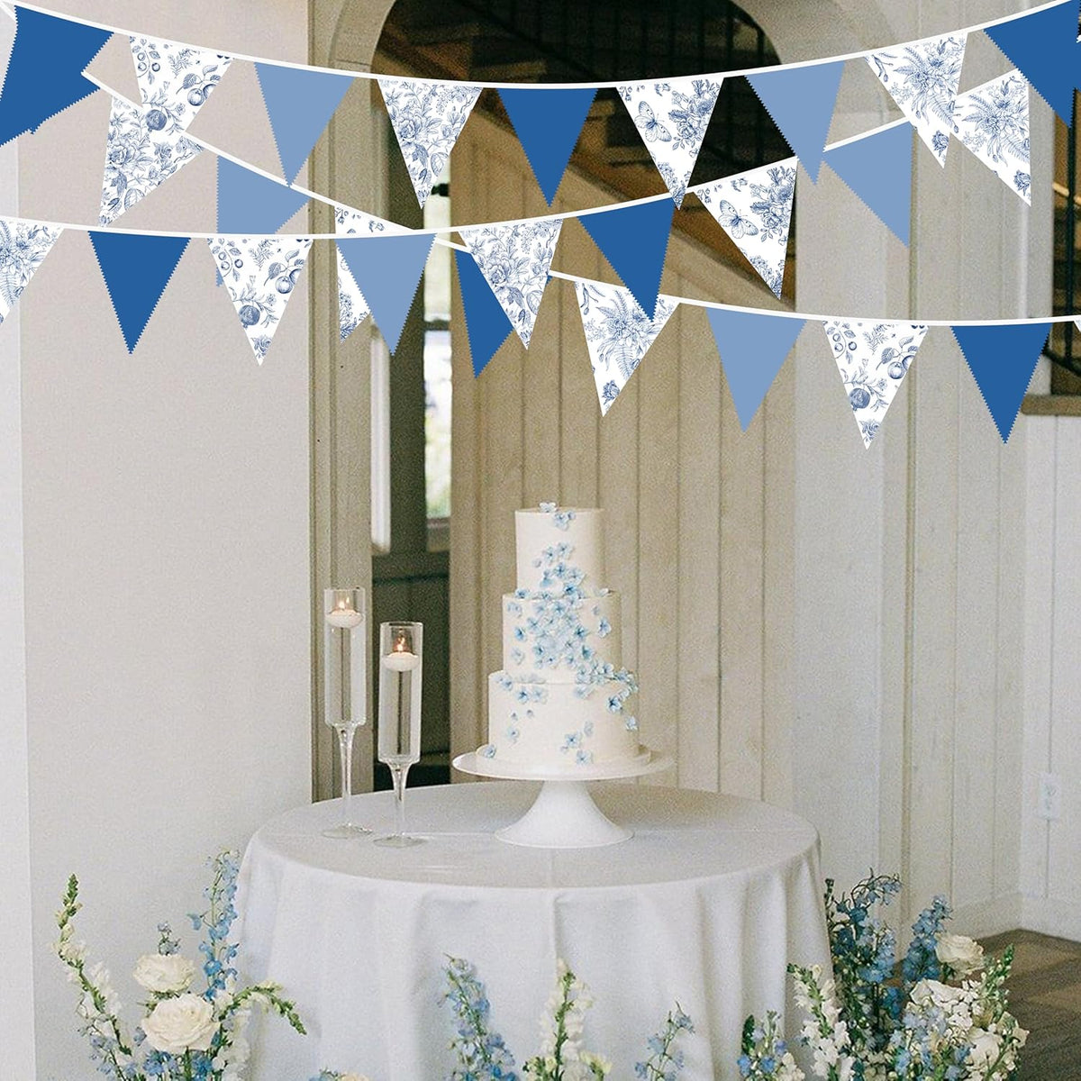 32Ft Blue Floral Party Decorations Vintage Blue White Flower Pennant Banner Fabric Triangle Flag