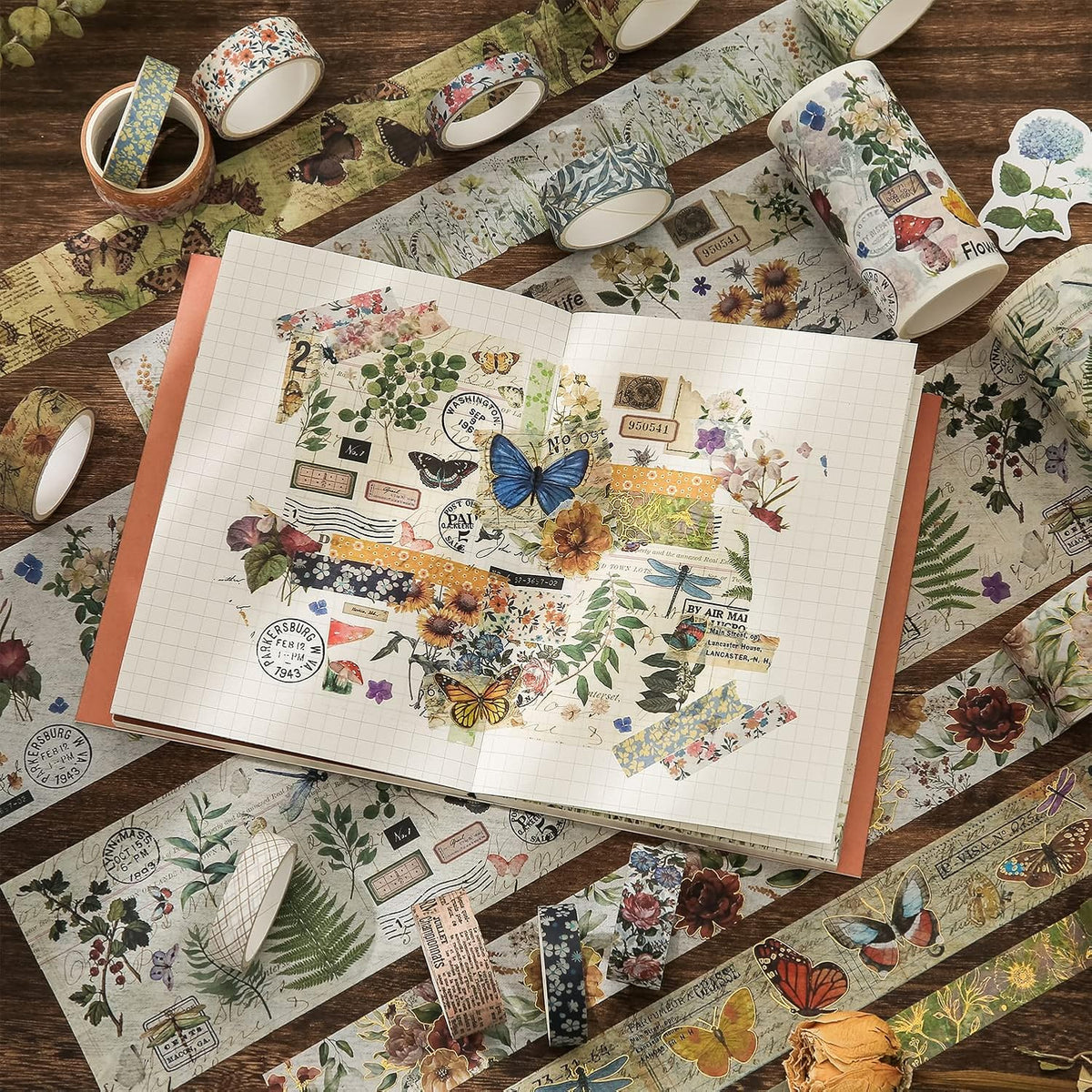 24 Rolls Vintage Washi Tape Set, Floral Letter Butterfly Mushroom Botanical Flower Writable