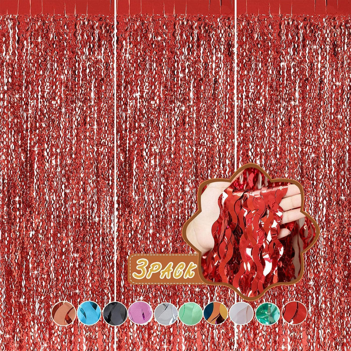 3 Pack Red Aluminium Foil Curtains, 3.3ft x 6.6ft, Wavy Shape, for Party Decorations & Photo
