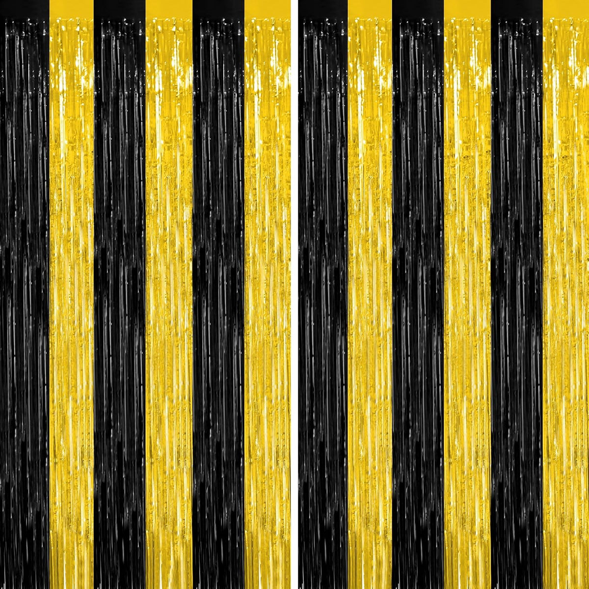 2 Pack Graduation Backdrop, 3.28 FT x 7.05 FT Black and Gold Foil Fringe Curtains, Metallic Foil