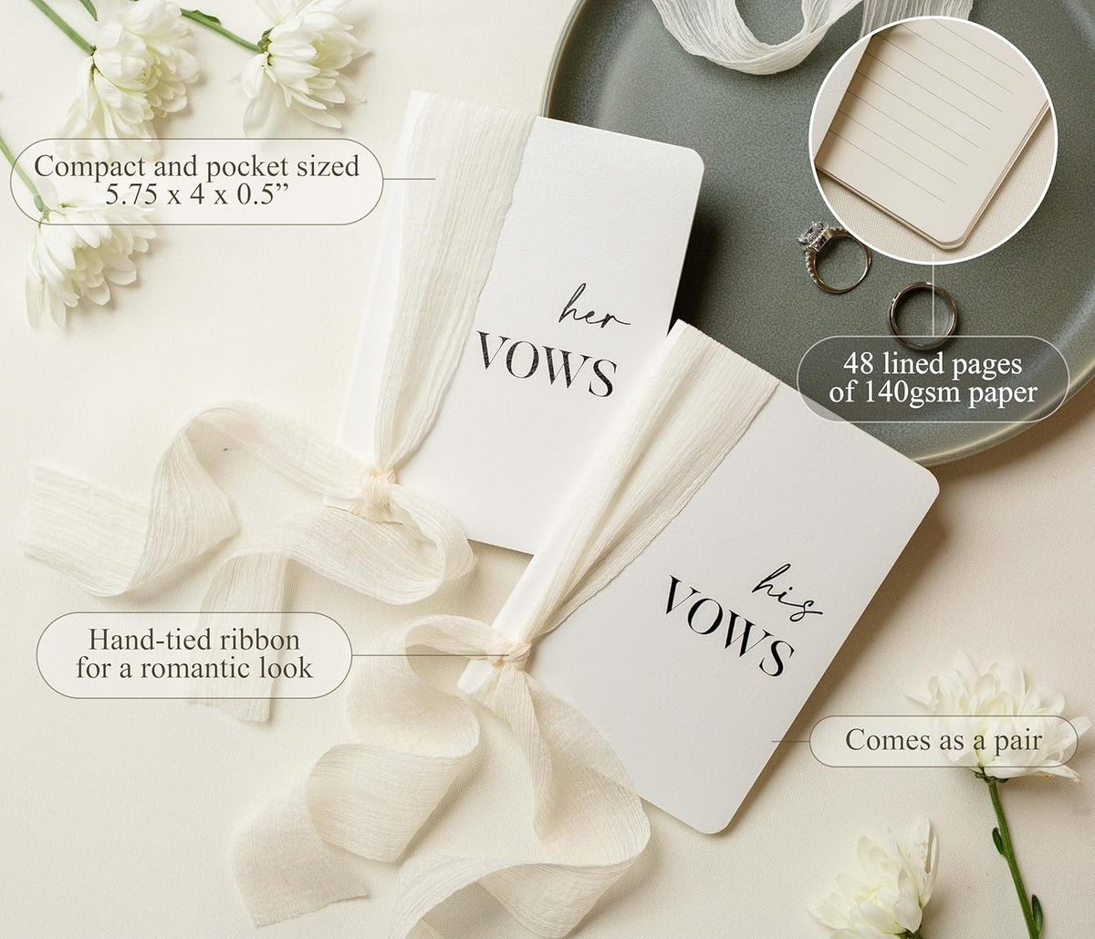 White Vow Books with Ribbons (Set of 2) - 5.625 x 4 Minimalist Pocket Sized Wedding Ceremony Vow