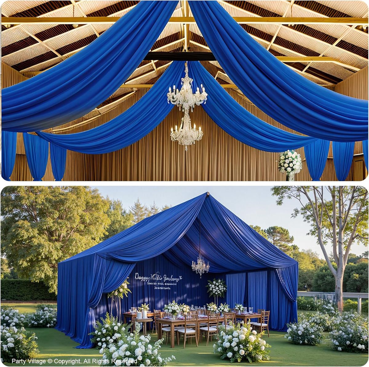 PartyVillage 2 Panels 5ftx30ft Royal Blue Ceiling Drapes for Wedding Parties – 30 FT Extra Long