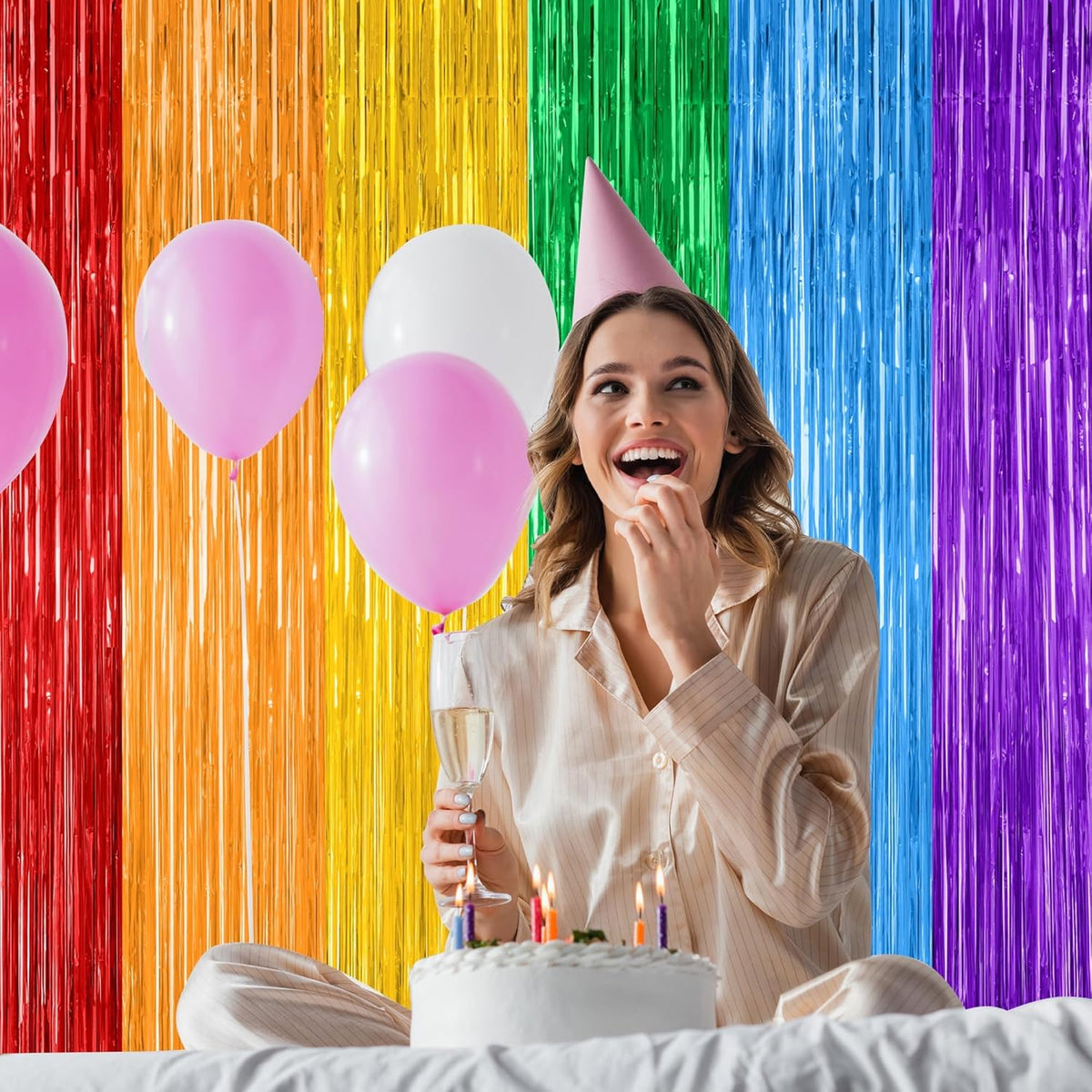2 Pack Rainbow Backdrop Curtains, 3.28 FT x 7.05 FT Colofull Party Decorations, Metallic Tinsel