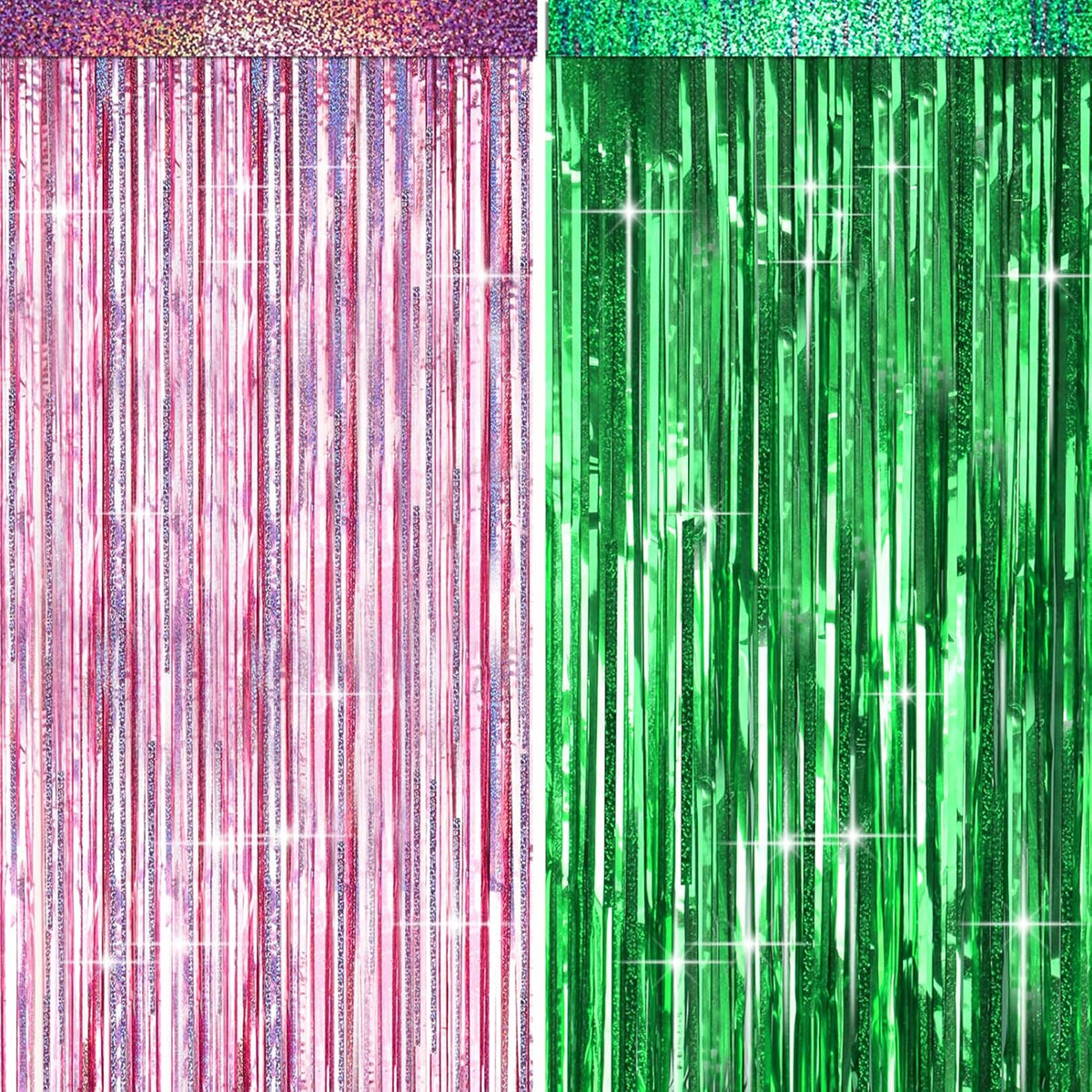 4 Packs Pink and Green Foil Fringe Curtain, Pink Green Metallic Tinsel Backdrop for Birthday, Baby