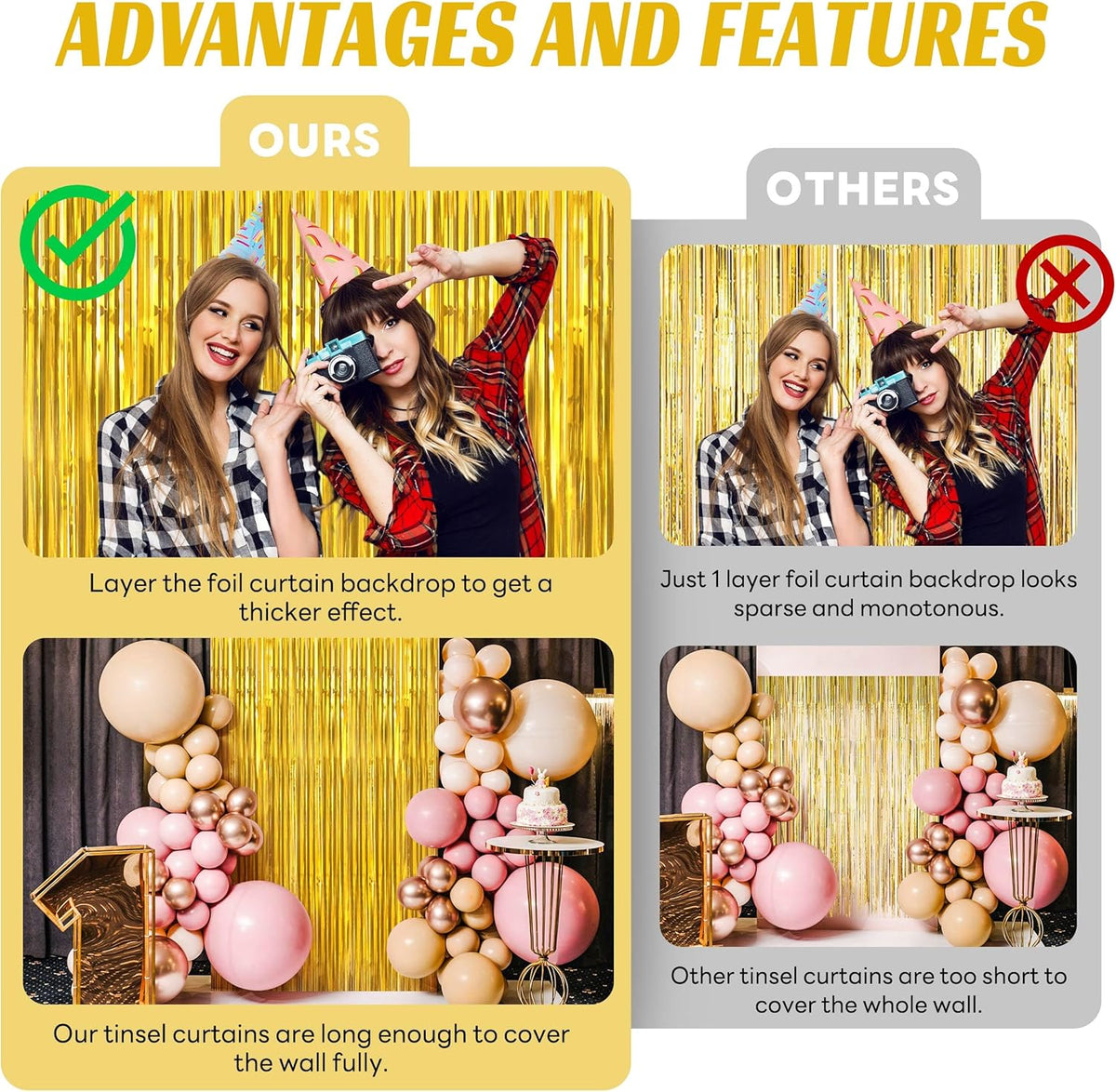 BTSD-home 10 Pack Gold Foil Fringe Curtain, Metallic Photo Booth Backdrop Tinsel Door Curtains for