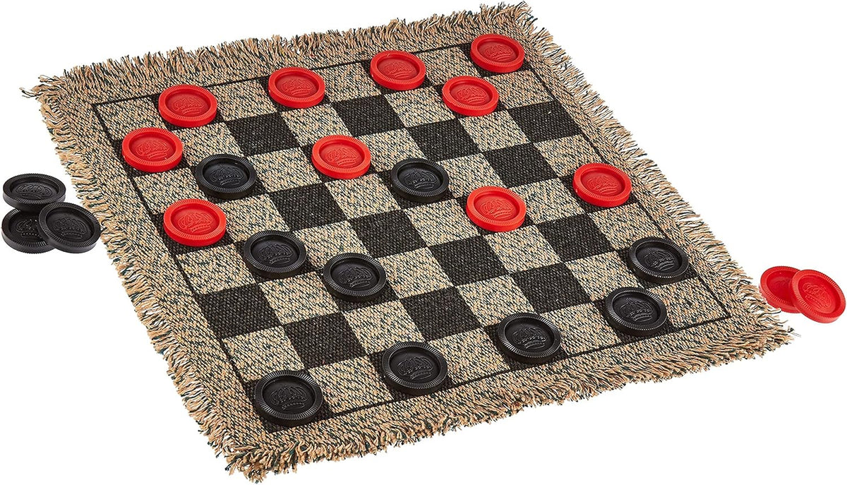 3-in-1 Mini Checkers Rug + Classic & Mega Tic Tac Toe - Portable Compact 12" x 12" Reversible