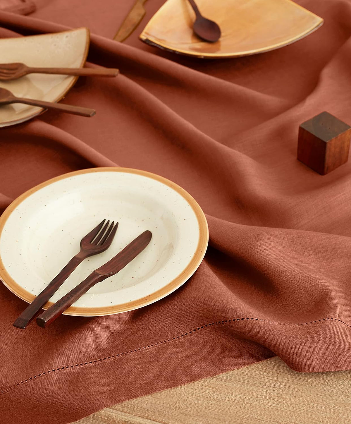 Solino Home Linen Cinnamon Tablecloth 52 x 52 Inch - 100% Pure Linen Square Table Throw - Classic