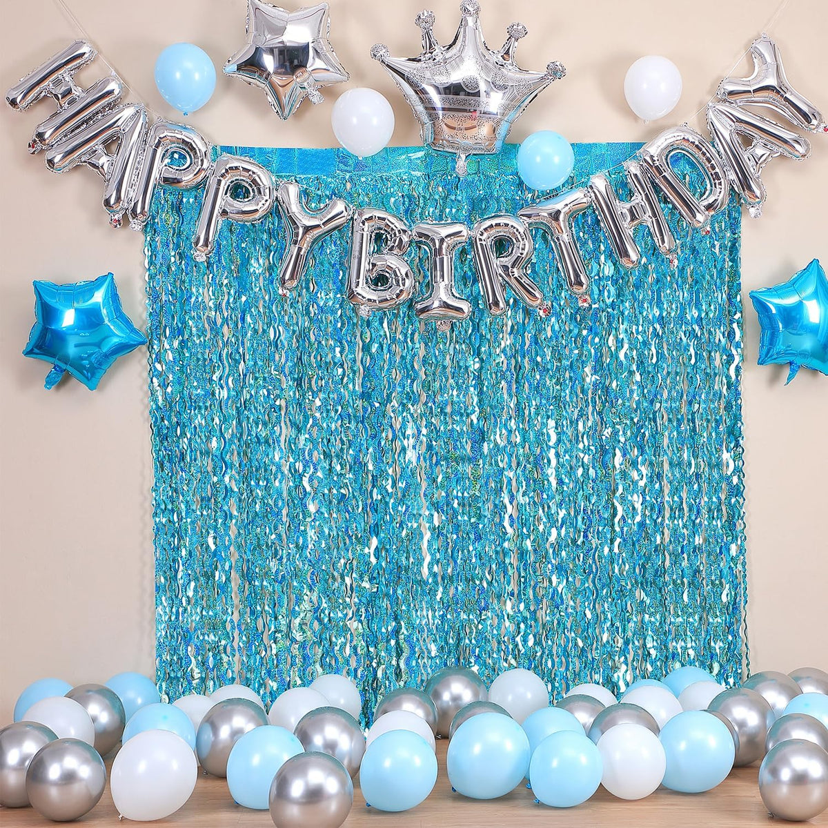 4 Pack Teal Aqua Blue Wavy Foil Fringe Curtains Party Decorations - 3.3 ft x 6.6 ft Sparkle