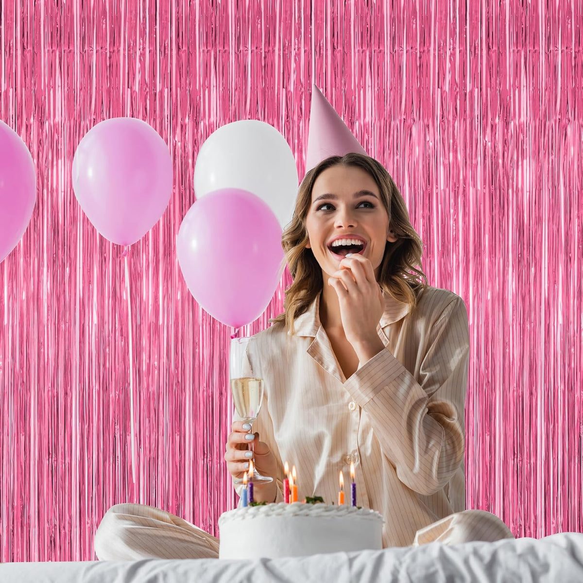 12 Pack Pink Backdrop, 3.28 FT x 7.05 FT Foil Fringe Curtains, Metallic Pink Tinsel Curtain Party