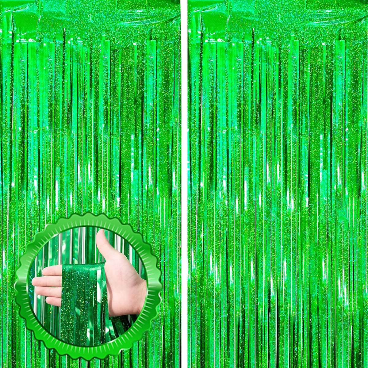 2 Pack Laser Green Tinsel Foil Fringe Curtains, Green Party Decorations, Metallic Tinsel Party