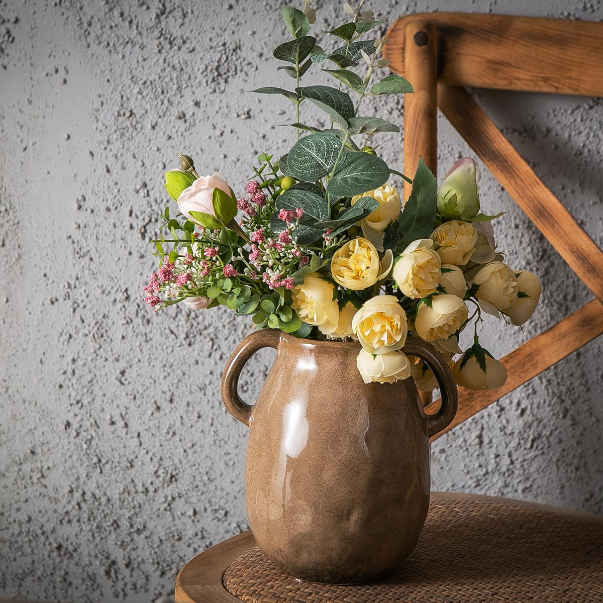 Kimdio Brown Ceramic Vase with 2 Handles, Modern Farmhouse Vase for Home Decor, Vintage Rustic