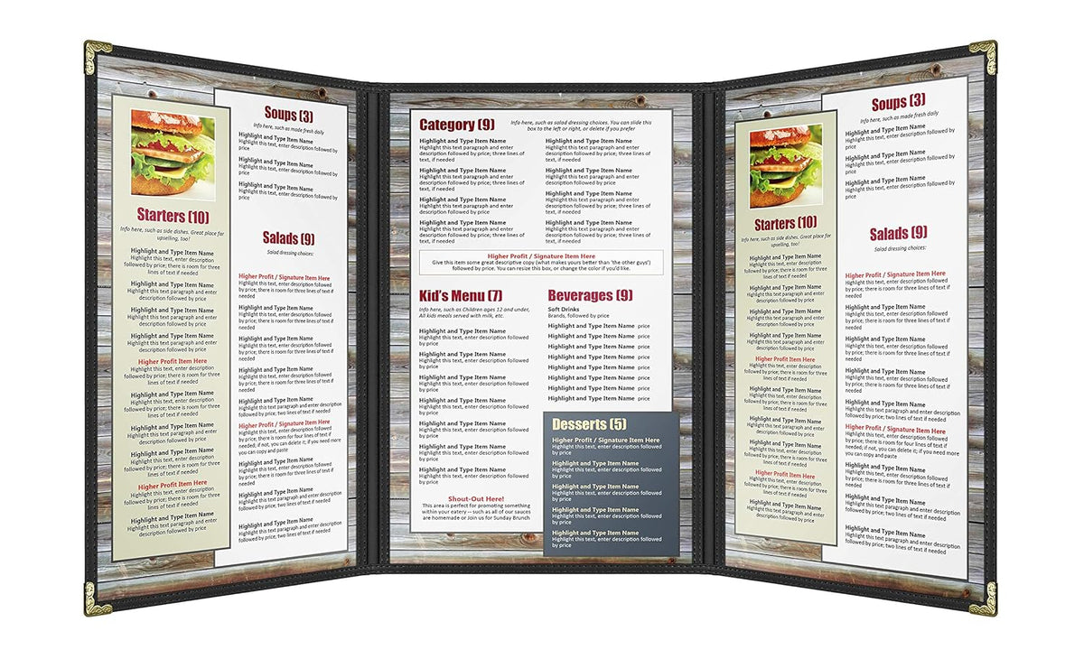 Goodsmart Restaurant Menu Covers – 25 Pack Black 6-View Trifold 8.5" x 14", Side-Loading Vinyl &