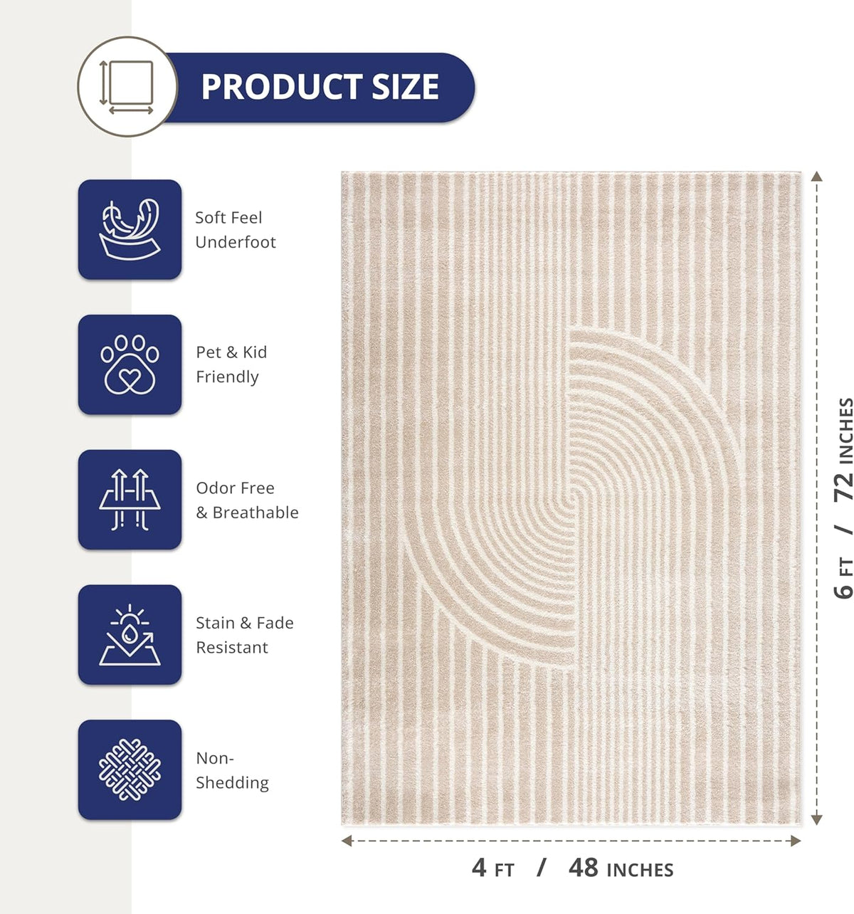 Abani Area Rug for Living Room -Nuevo 4' x 6' Beige Arch Pattern Area Rug, Soft and Durable Living