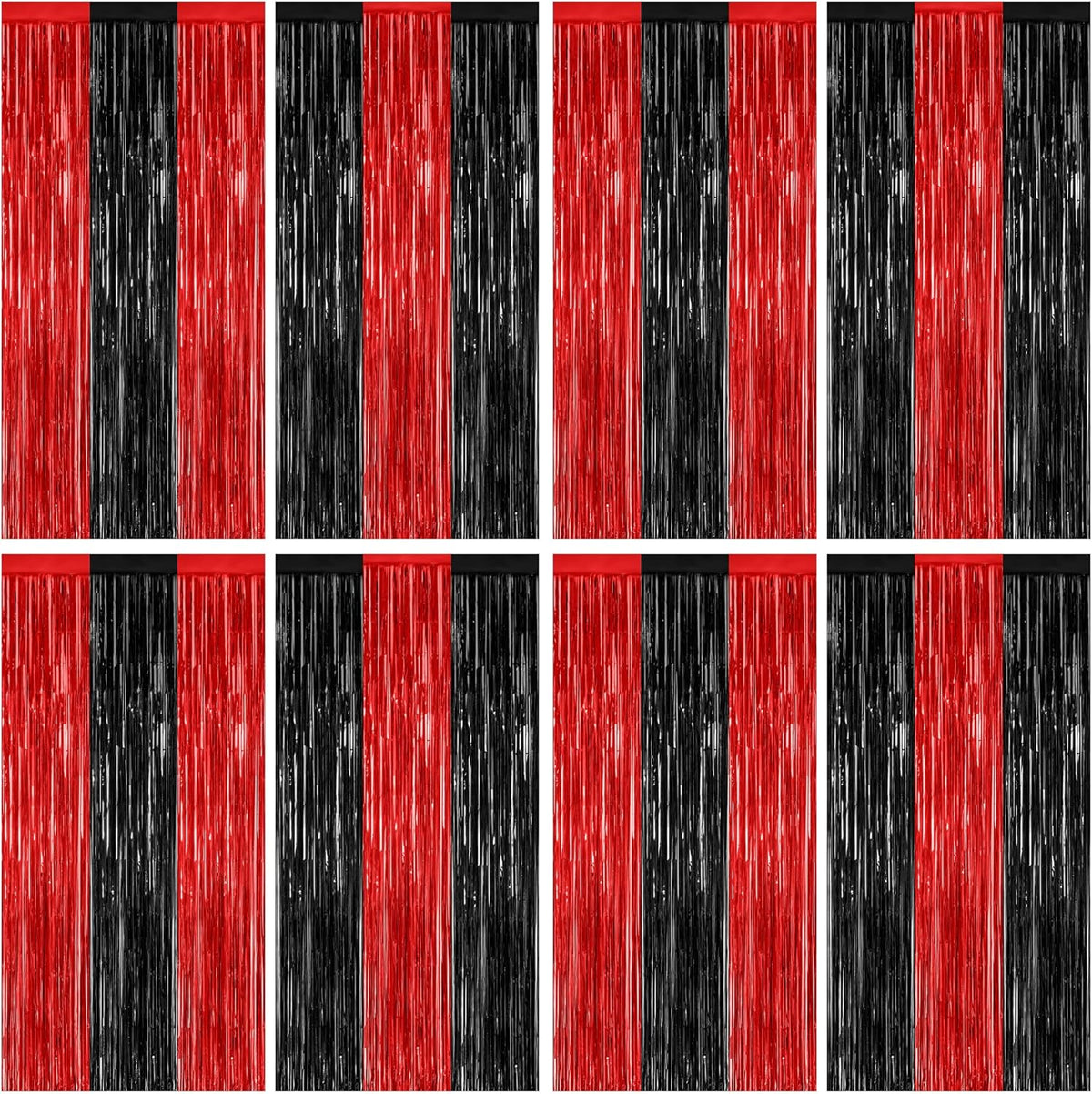 8 Pack Halloween Party Supplies, 3.28 FT x 7.05 FT Red and Black Foil Streamer, Metallic Fringe