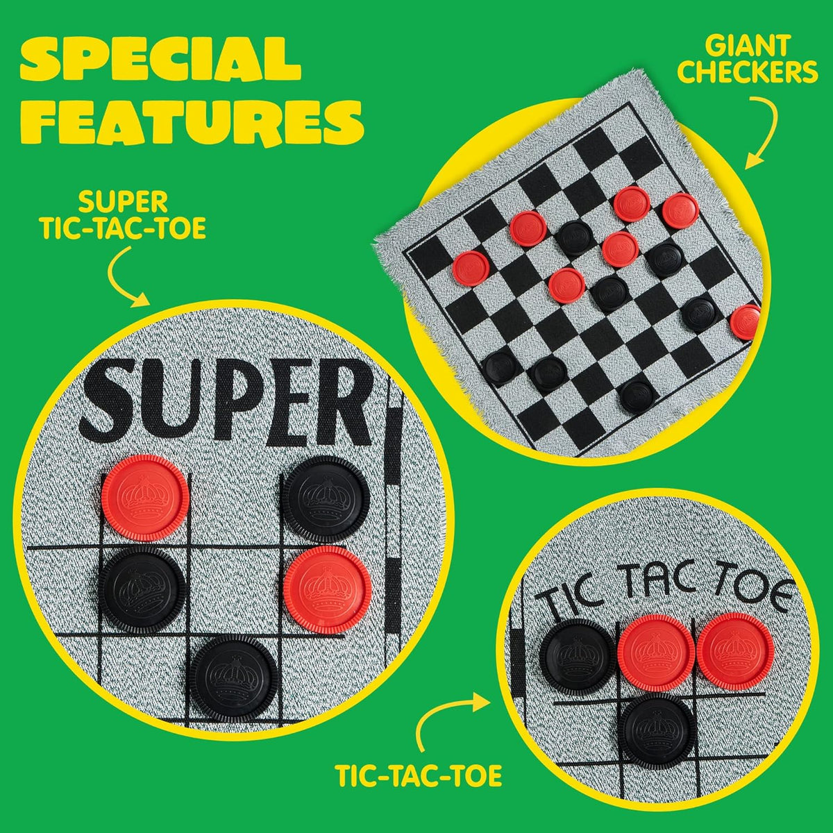 3-in-1 Vintage Giant Checkers, Tic, Tac, Toe, with Reversible Mat, 24 Chips, Family Board Game