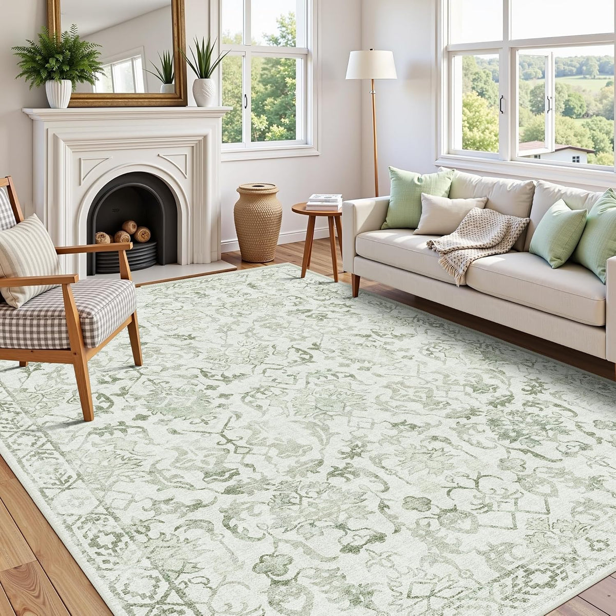 Sage Neutral Large Area Rug 9x12 for Living Room, Washable Rug for Dining Room Bedroom, Anti-Slip