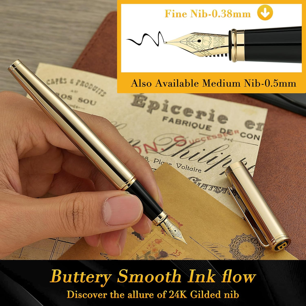 BEILUNER Gold Fountain Pen,Stunning Luxury Pens with 24K Gold Finish, Gorgeous 24K Gilded