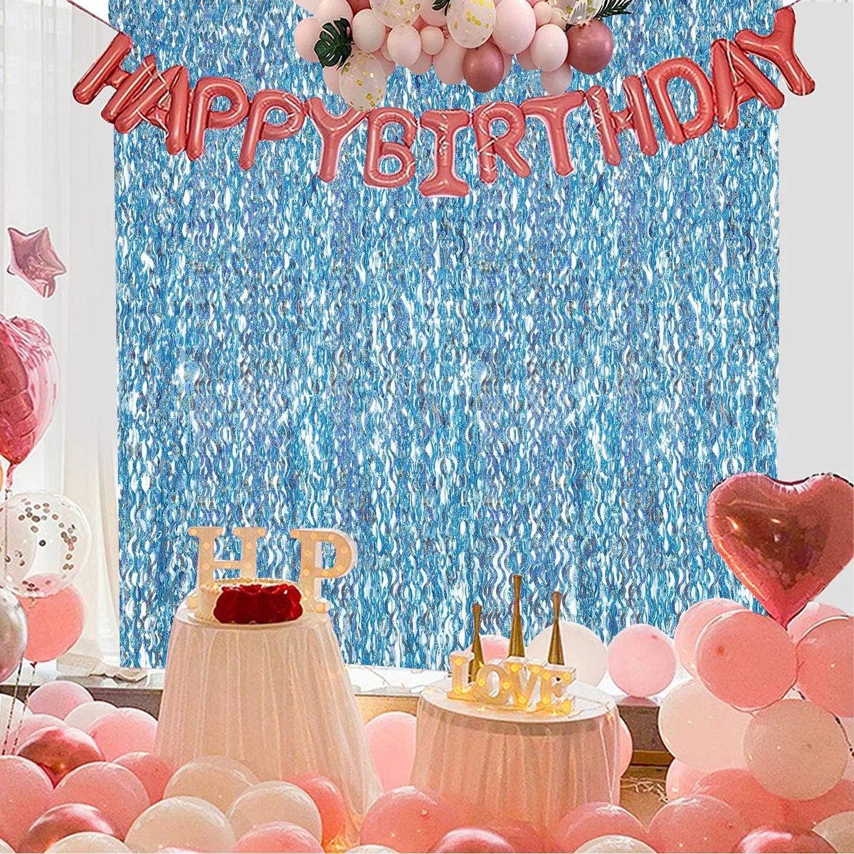 4 Pack Light Blue Party Foil Curtain - CYLMFC 3.3 ft x 6.6 ft Wavy Photo Booth Backdrop Metallic