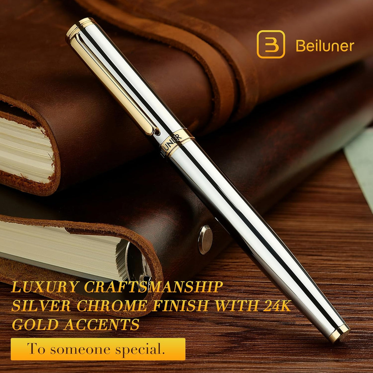 BEILUNER Silver Chrome Fountain Pen,Stunning Luxury with 24K Gold Accents, Gorgeous 24K Gilded
