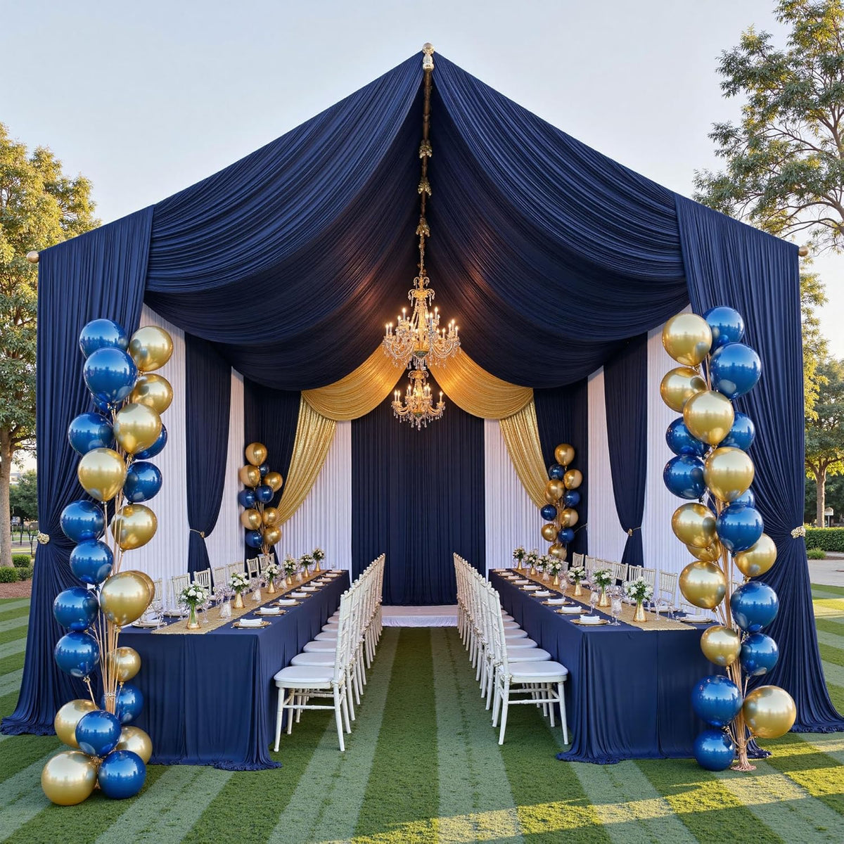 PartyVillage 10ftx40ft Navy Blue Ceiling Curtain for Wedding Parties – 2 Panels Wrinkle-Free 40 FT