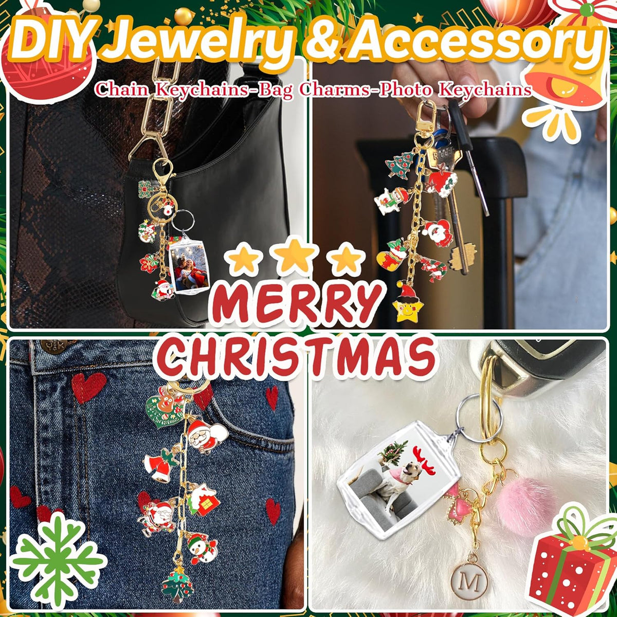 Namifin 374 Pcs Christmas Keychain Making Kit with Charms & Keychain Clips - DIY Bag Charms, Pearl
