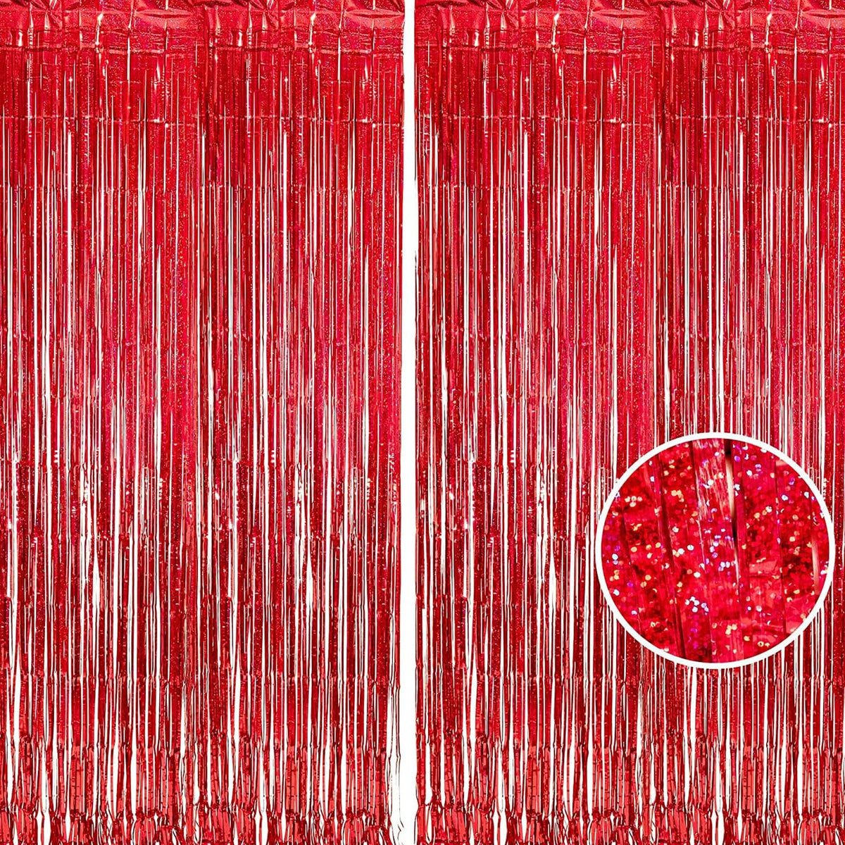 BRAVESHINE Red Tinsel Foil Fringe Curtains - 2Pcs 3.2x8.2ft Holidays Photo Booth Backdrop for