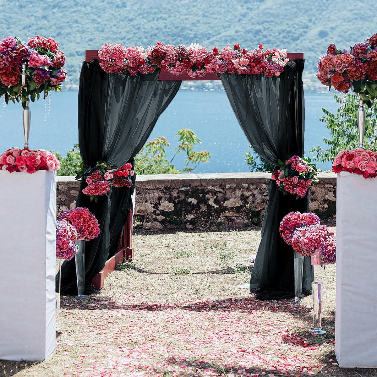 PARTISKY 10ftx7ft Black Chiffon Backdrop Curtains, Wrinkle-Free Sheer Fabric Photo Drapes for