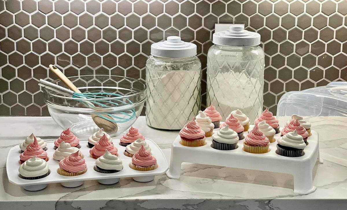 Cupcake Carrier, EXTRA LARGE LID, White Cupcake Holder Carries 24 Standard-Size Cupcakes, Muffin