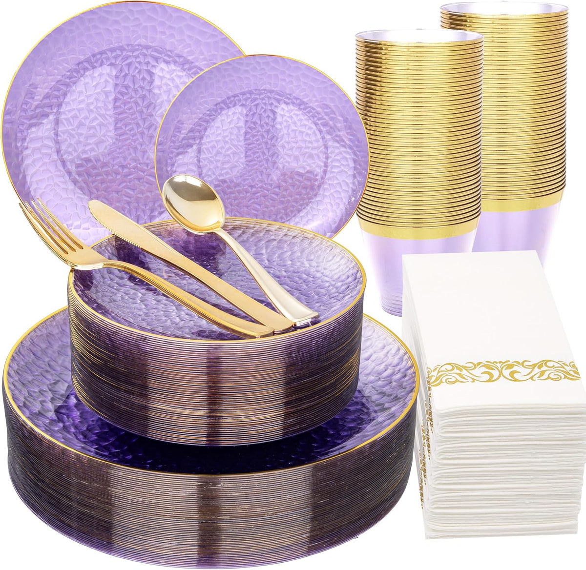 Rubtlamp 175 Pcs Purple Plastic Dinnerware Set (25 Guests), Clear Purple Plates With Gold Rim