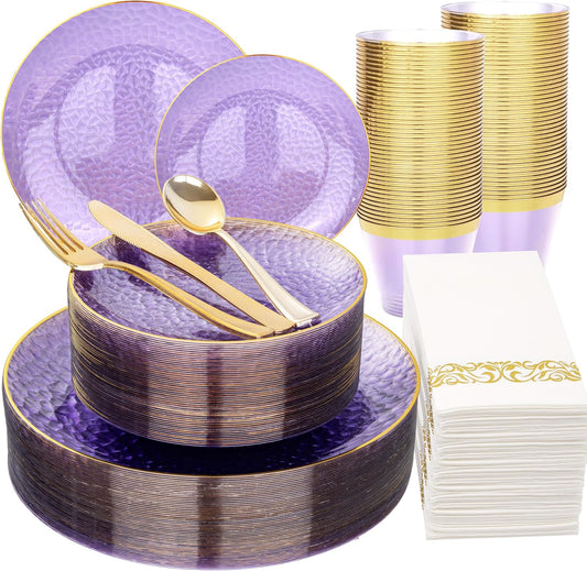 Rubtlamp 175 Pcs Purple Plastic Dinnerware Set (25 Guests), Clear Purple Plates With Gold Rim