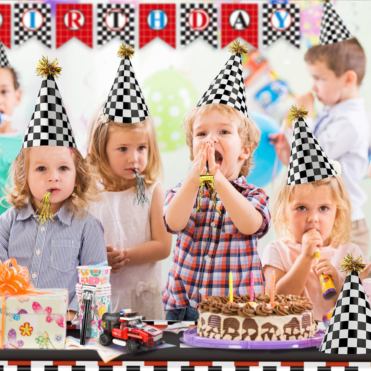 48 Race Car Birthday Party Hats Race Car Party Supplies Include Black White Checkered Cone Hats