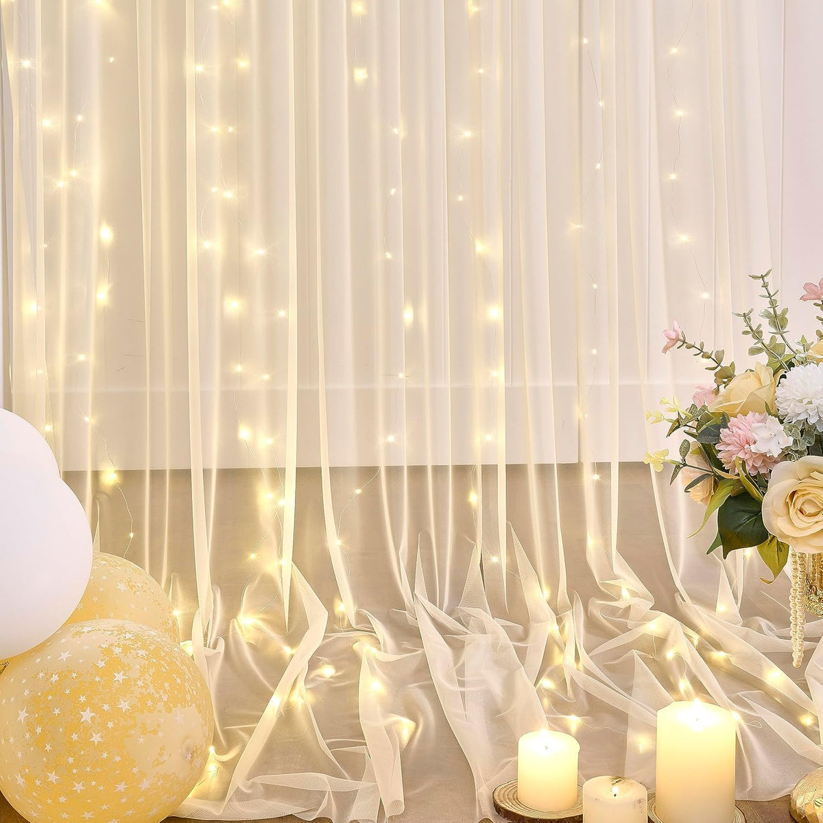 Champagne Tulle Backdrop Curtain with Lights String for Parites Wedding 10x8ft Champagne Sheer