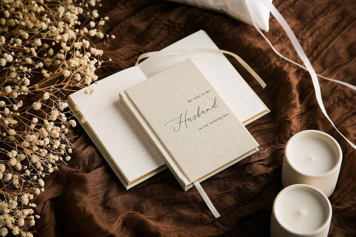 MUUJEE Hard Cover Vow Books (Set of 2) - Cream Canvas Linen Foil Embossed Wedding Ceremony Vow