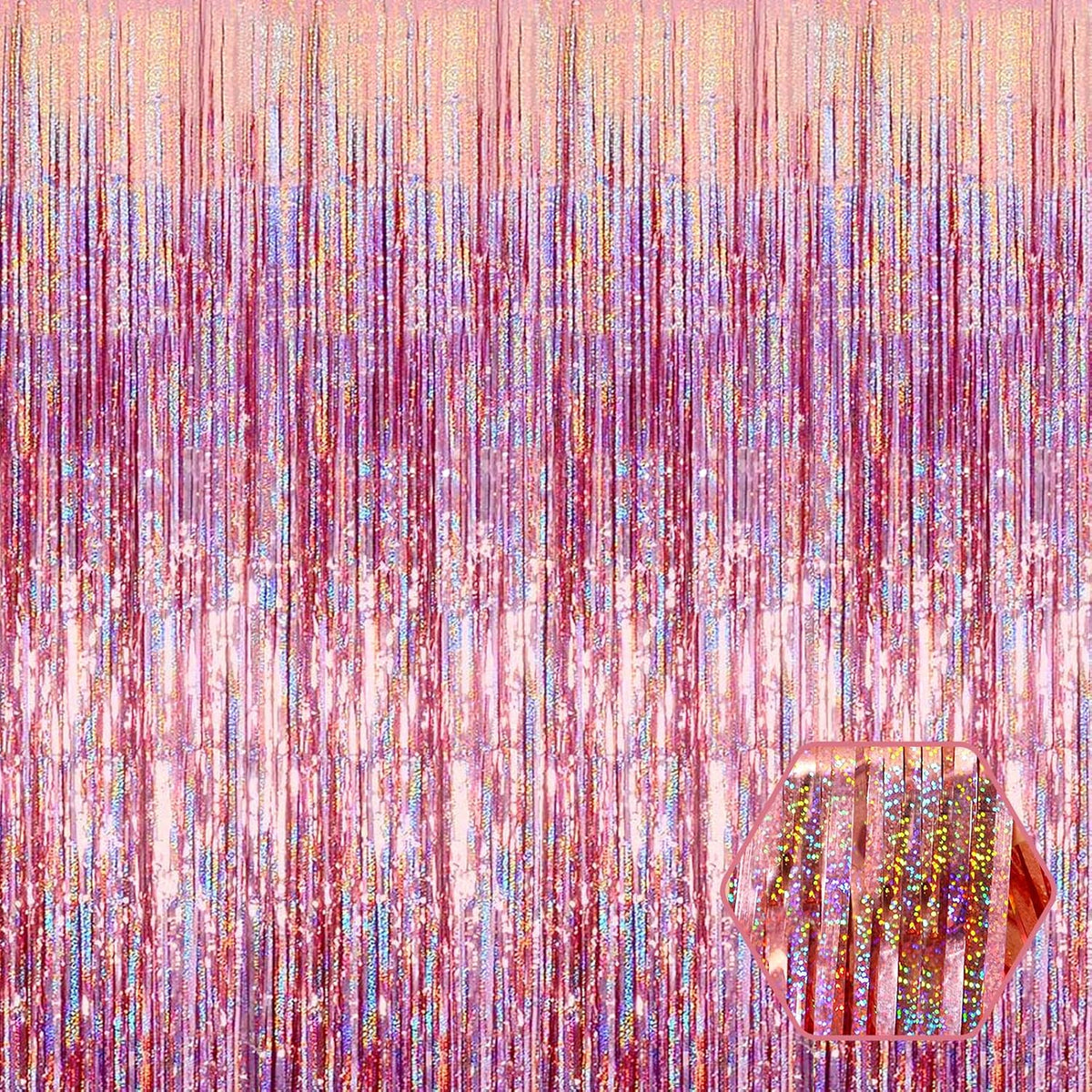 3 Pack Rose Gold Foil Fringe Curtain Backdrop, 3.28Ft x 8.2Ft Metallic Tinsel Foil Fringe Streamer