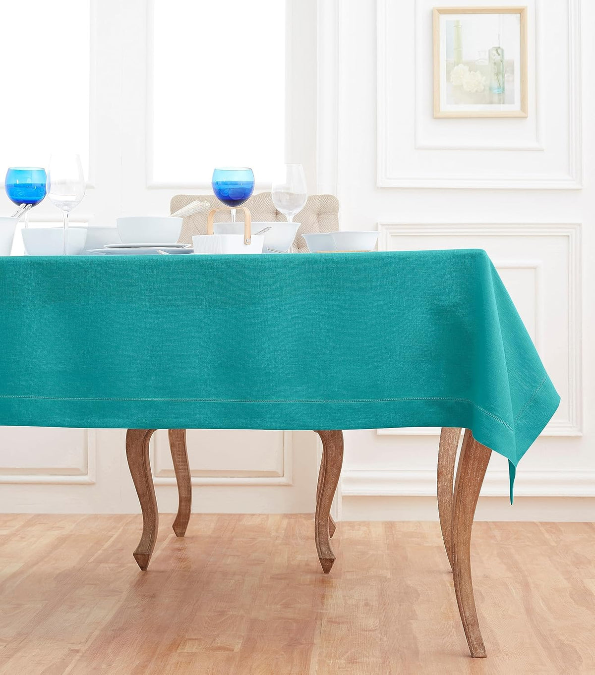 Solino Home Linen Tablecloth 60 x 90 Inch - Classic Hemstitch 100% Pure Linen Teal Table Cloth for