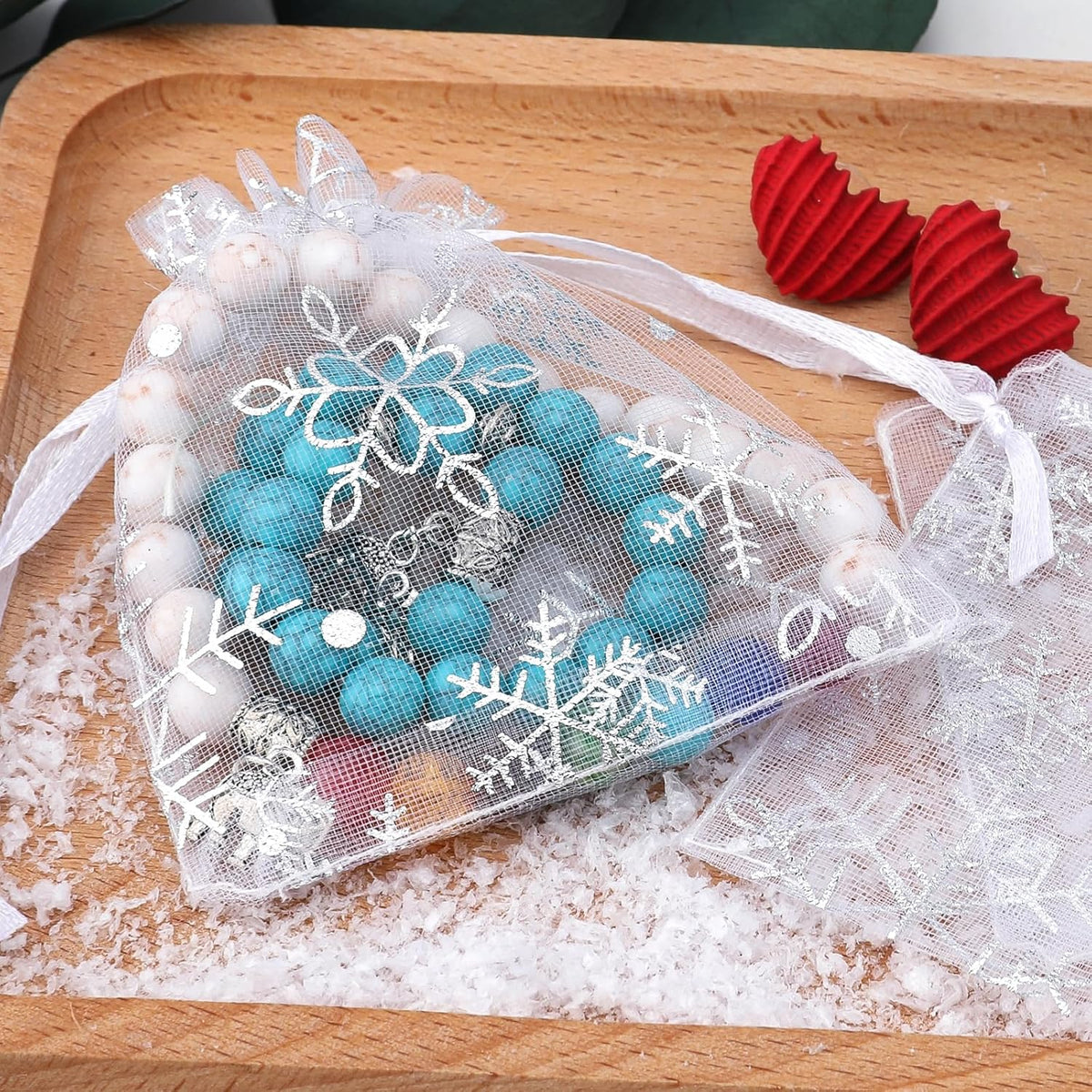 jijAcraft 3x4 Inch Christmas Organza Bags - 50Pcs White Snowflake Gift Bags with Drawstring, Xmas