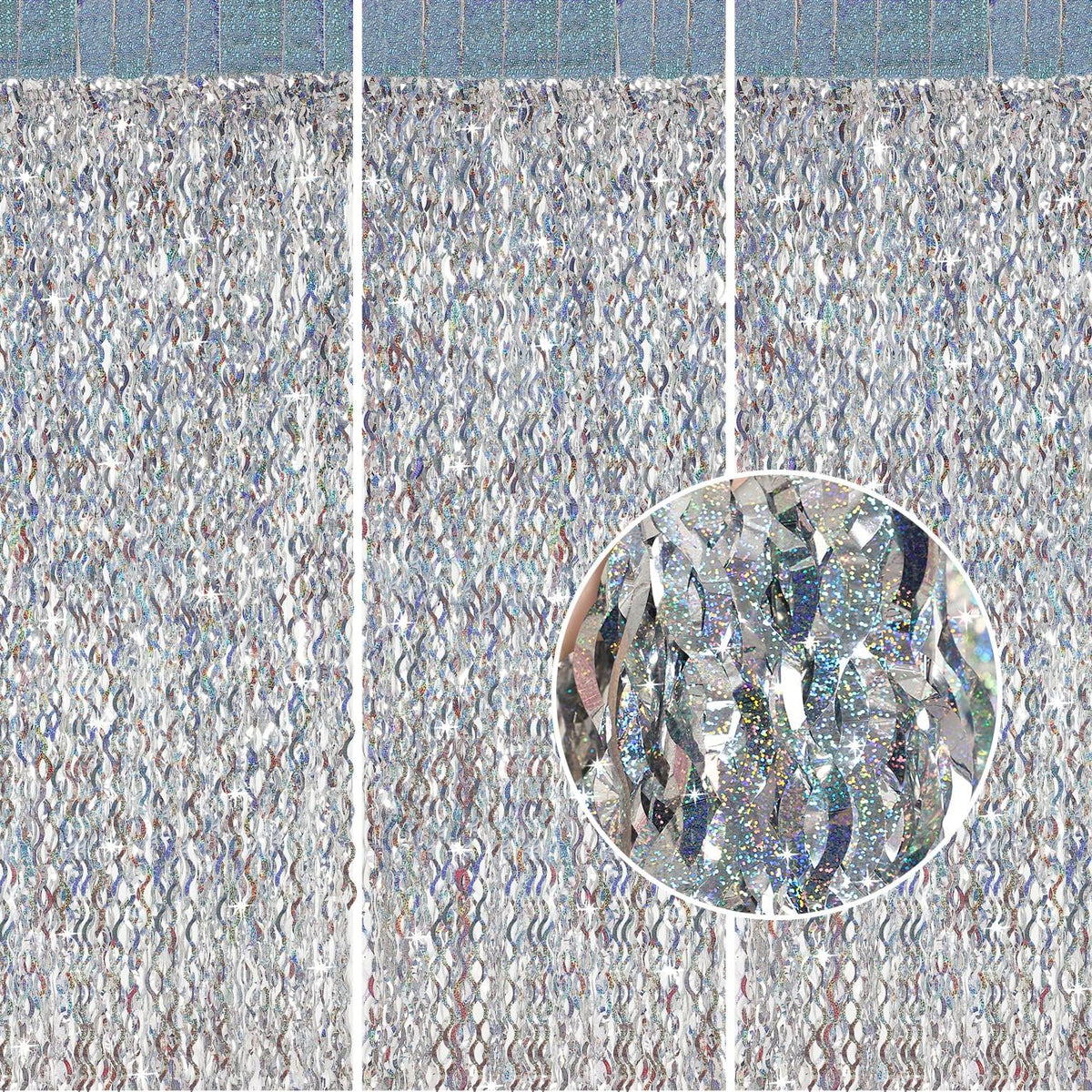 Silver Tinsel Backdrop- CYLMFC 3 Pack 3.3 ft x 6.6 ft Streamer Foil Fringe Curtain for Birthday