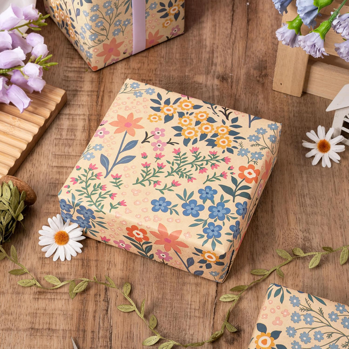 RUSPEPA Kraft Floral Wrapping Paper Roll for Girls Women, Mini Roll, Garden Flower Design