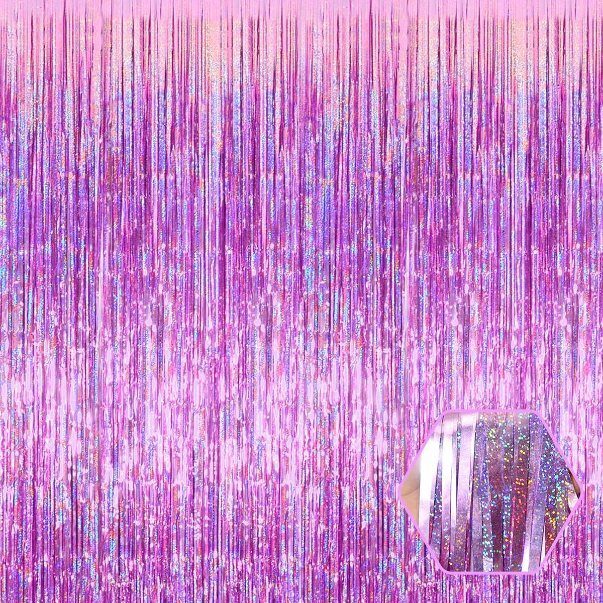 3 Pack Pink Foil Fringe Curtain Backdrop, 3.28Ft x 8.2Ft Metallic Tinsel Foil Fringe Streamer
