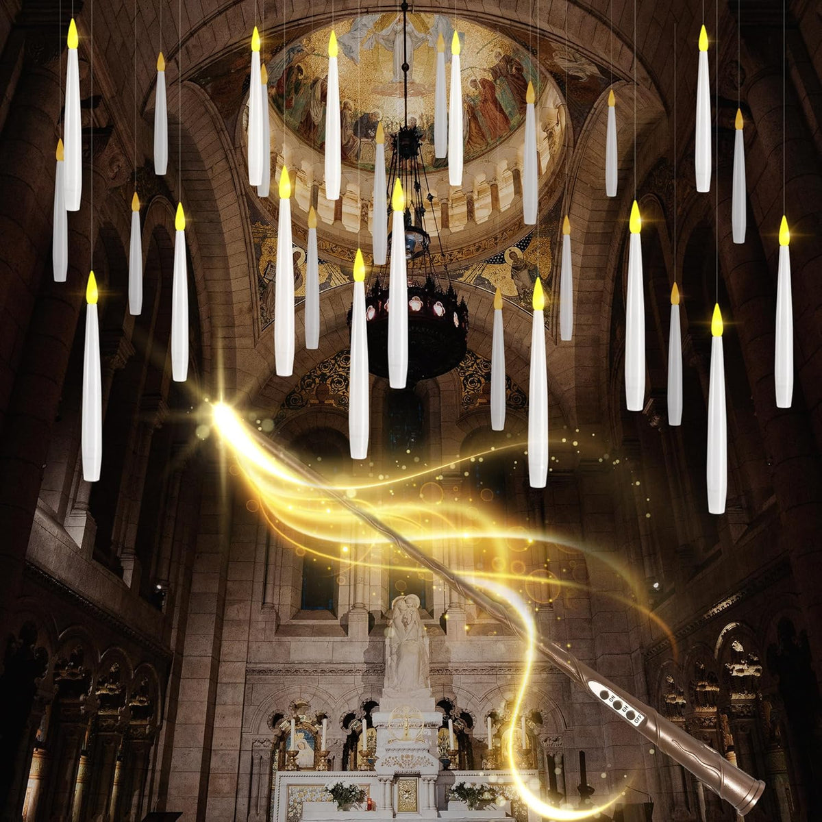Floating Candles with Wand, 10 Pack Halloween Flameless Candles Battery Operated LED Taper Hanging