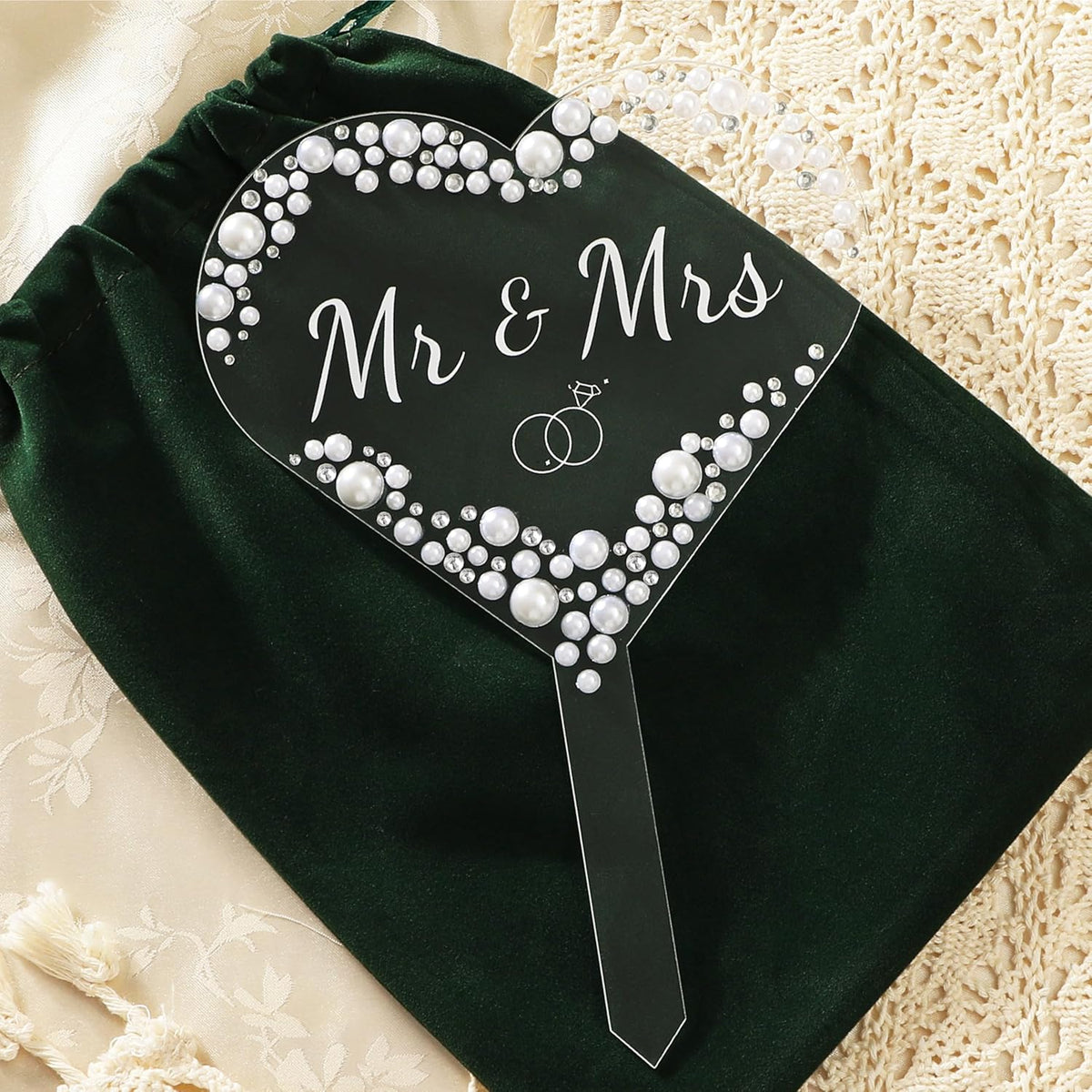 Coucoland Mr and Mrs Cake Topper - Heart Wedding Cake Decor with Rhinestones and Pearls for