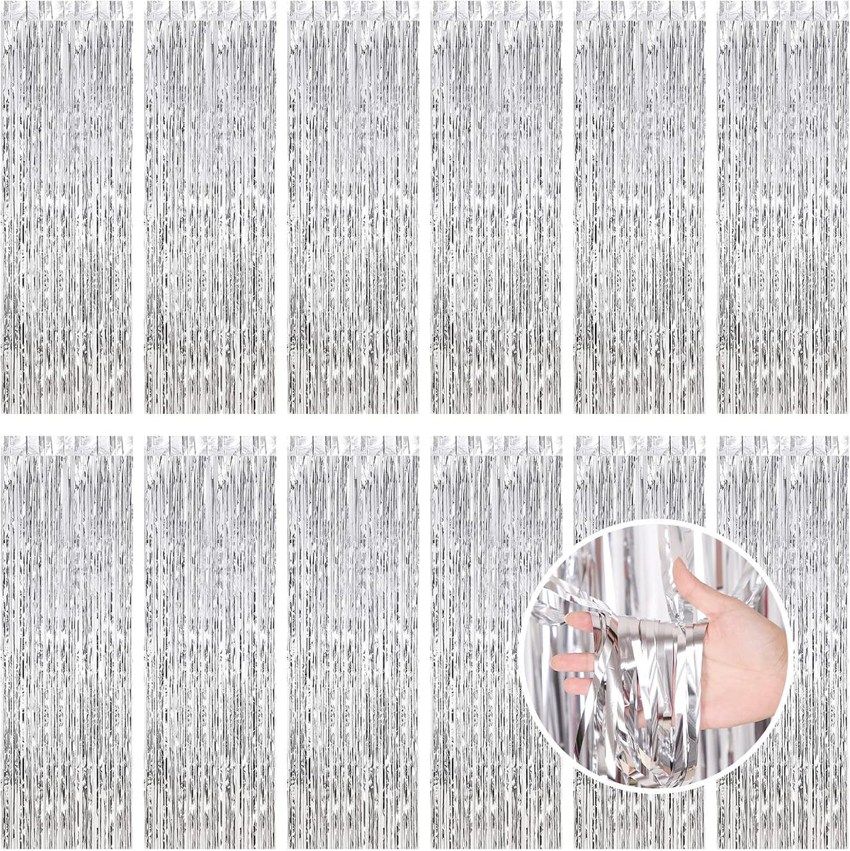 Silver Fringe Curtain Party Streamers, 12 Pack 3.3ft x 8.2ft Foil Curtain Backdrop Tinsel Foil