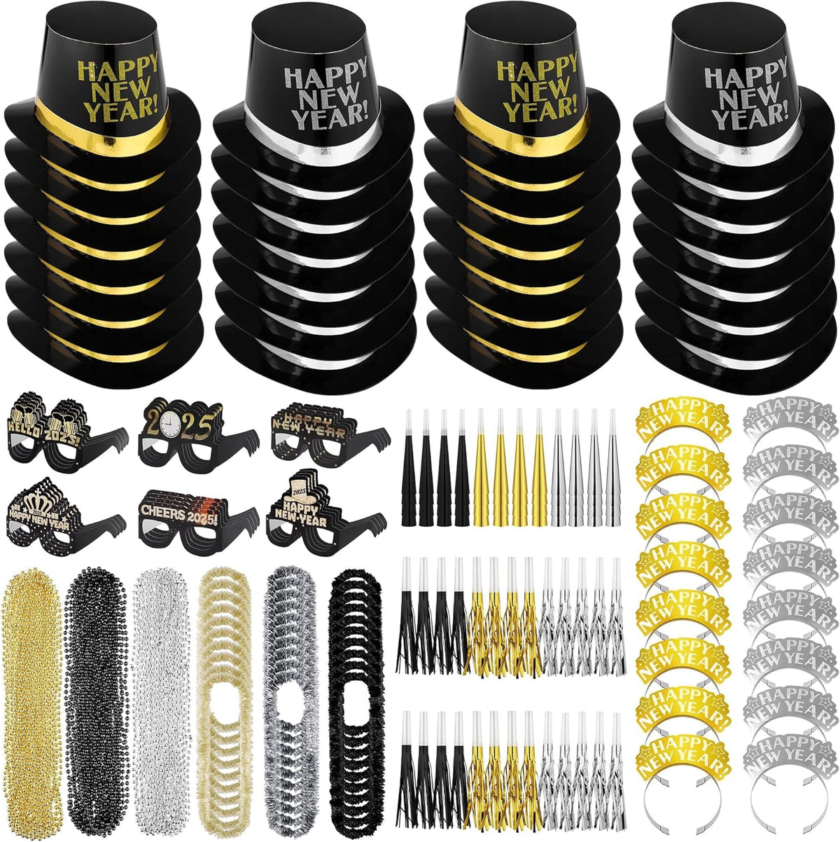 Fovths 264 Pieces 2025 New Years Eve Party Supplies Includes Glasses Top Hats Headband Noisemakers