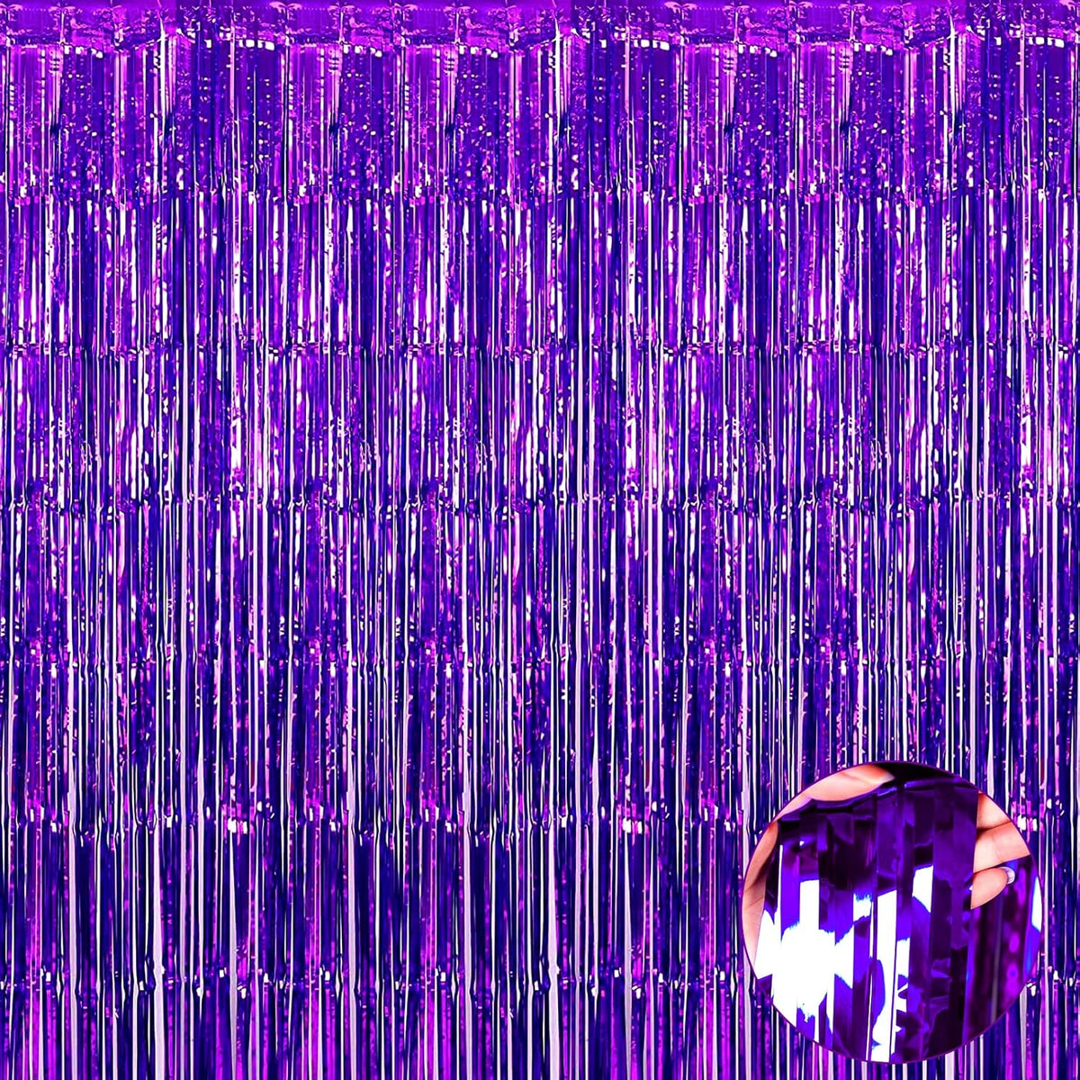4 Pack Purple Foil Fringe Curtain Backdrop, 3.3Ft x 9.8Ft Metallic Tinsel Foil Fringe Streamers