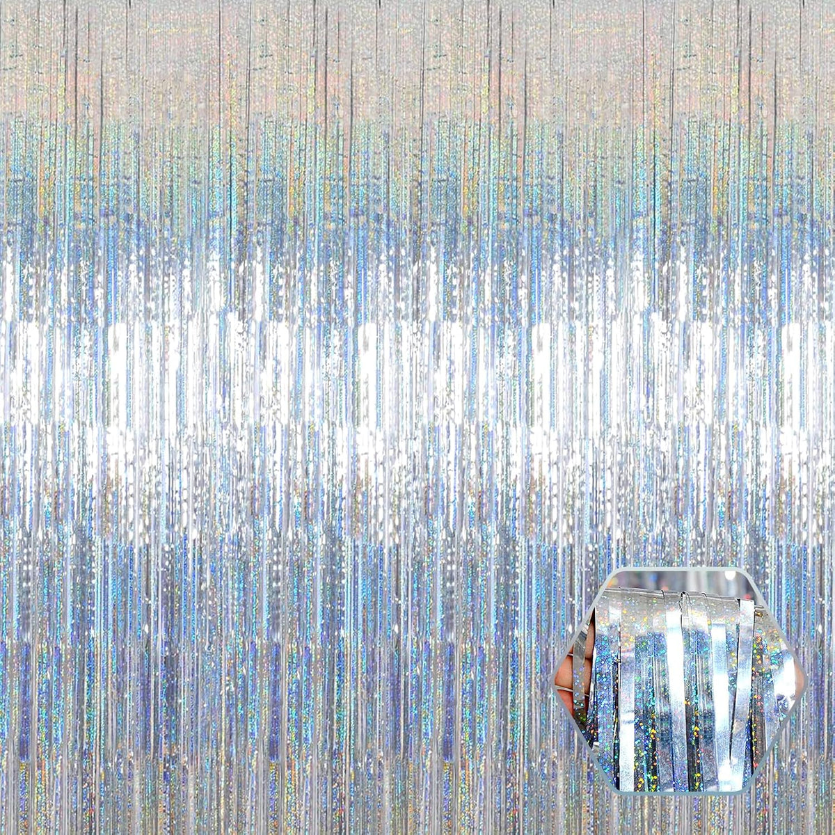 3 Pack Silver Foil Fringe Curtain Backdrop, 3.28Ft x 8.2Ft Metallic Tinsel Foil Fringe Streamer