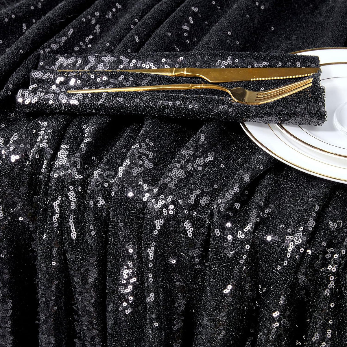 QueenDream Tablecloth 90x156 Rectangle Sequin Tablecloth Black Wedding Table Linens Glitter