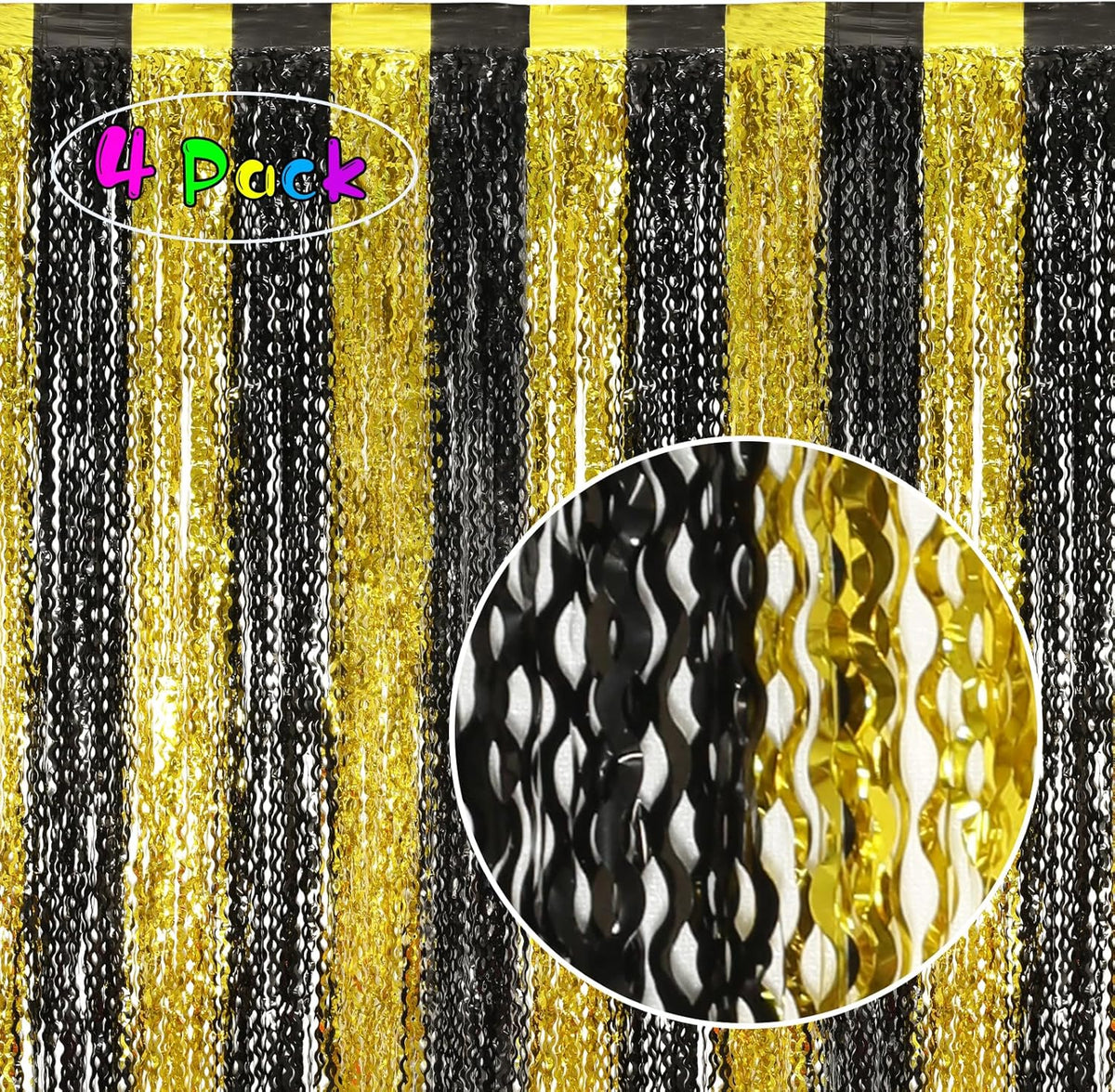 4 Pack Black and Gold Wavy Foil Fringe Curtains Pirthday Decorations,3.3 ft x 6.6 ft Metallic Foil