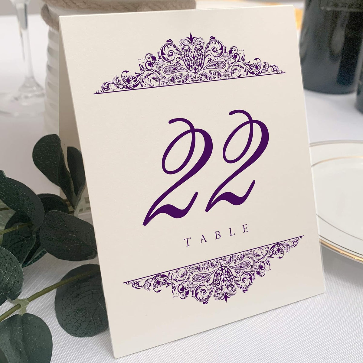 Paisley Wedding Table Numbers (Select Color/Quantity), Champagne, Eggplant, 1-15, Double Sided